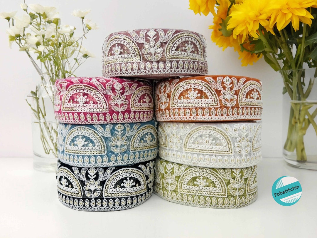 9 Yards Floral Embroidered Indian Ribbon Net Fabric Lace Trim Table ...