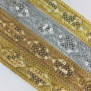 Sequins Embroidered Fabric Trim, Indian Lace Trim By the Yard, Saree Border Trim, Sari Fabric Trim, Decorations Ribbon, Table Runner, Belts