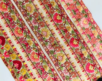 Indian Lace Trim By The Yard, Floral embroidered Ribbon Sari Fabric Trim-Table Runner-Art Quilt fabric trim, tissue fabric silk saree Border