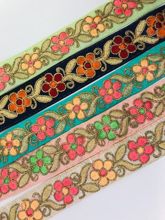 Beautiful Floral Embroidered Silk Fabric Border Ribbons - Etsy India