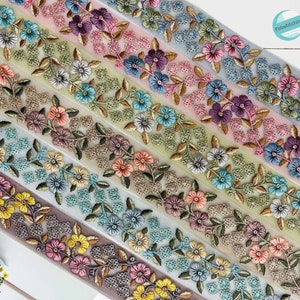 Floral Embroidered Net Fabric Trim-Multi Colour Sari Border-Tulle Fabric-Dupattas,Quilt Silk Ribbon-Indian Lace Trim-Table Runner-Lehengas