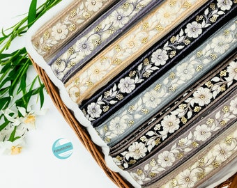 9 Yards Floral Embroidered Sari Ribbon Trims Embellishment Tape DIY Crafting Border Hair Bows Hat Bands Belts Silk Sari Border Junk Journals