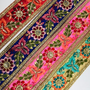 Floral Design Trim Indian Embroidery Decorative Saree Border Lace | Embroidered Ribbon Sewing Cushions Craft Curtain Trimming | FabStitchIN
