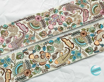 Fish Embroidery Trim Multi Color Fancy Ribbon White Fabric Trim Sari Border Saree Trimming Aquatic Life Embroidery Crafting Lace Home Decor