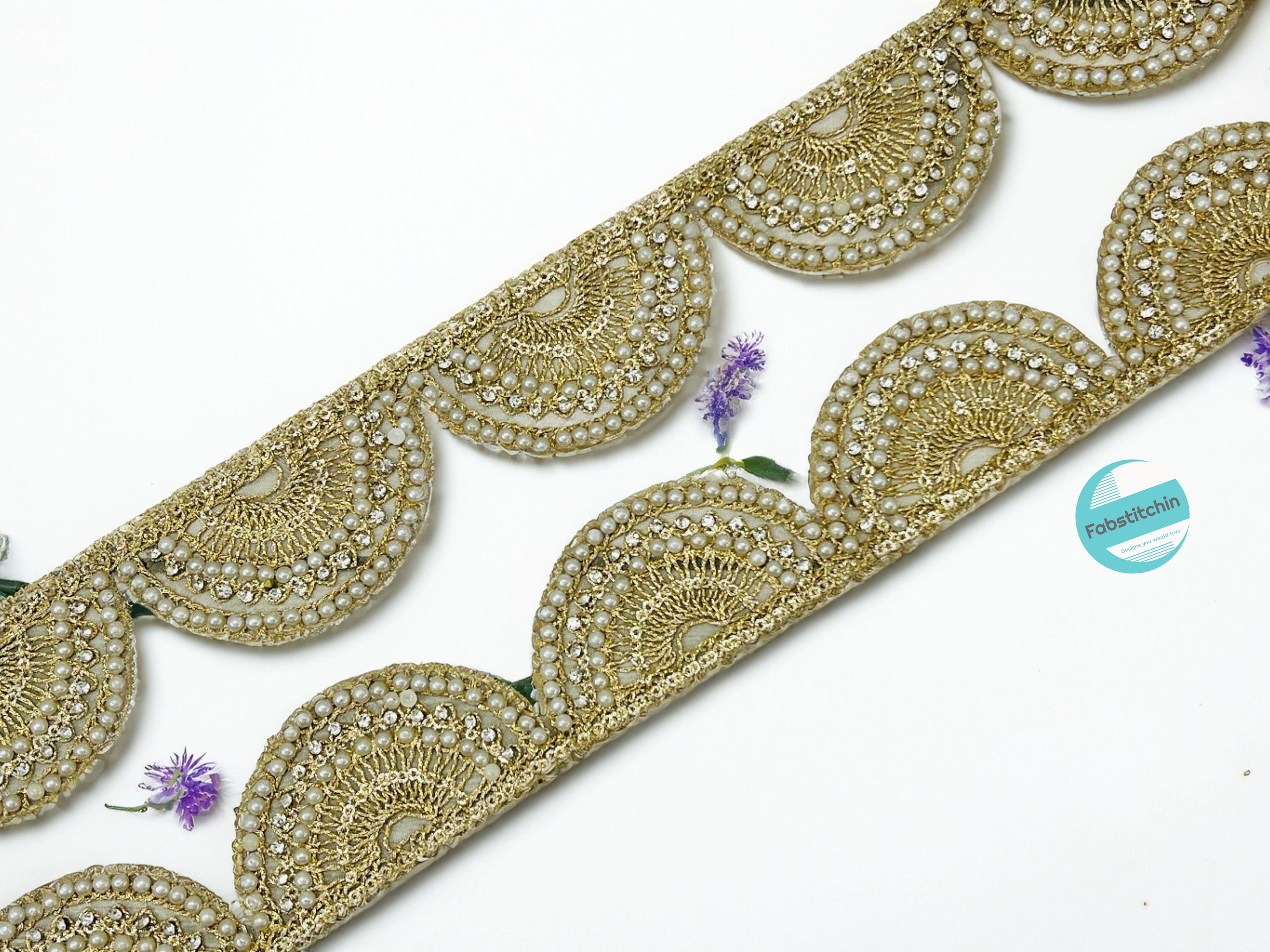 Antique Zircon Sequin Scallop Pearls Beads Golden Fabric
