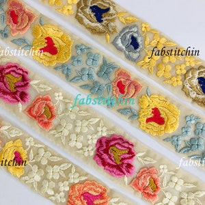 Floral Silk Fabric Trim By The Yard Embroidered Saree Ribbon Embellishments Embroidery Cushions Sewing Crafting Trimmings Curtains, Lehenga