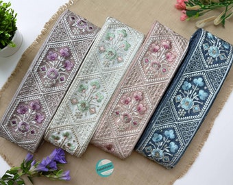Yards Pastel Color Floral Embroidered Border Sari Fabric Trim