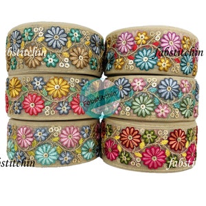 Multi Color Fancy Lace Floral Embroidered Net Fabric Trim Ribbon for boho clothing, Wedding Dress, Sari Border, Indian Trim By The Yard
