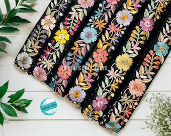 3 Yards Yellow Floral Embroidered Ribbon Orange Trim Gray Floral Sari Fabric Border Cyan Floral Ribbons Laces Lehenga Bag Ukulele Strap Belt