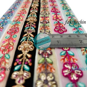 Floral Net Fabric Trim, Multi Colour Embroidered Sari Border, Silk Sari Fabric-Dupattas, Silk Ribbon-Indian Fabric, Table Runner-Lehengas