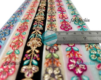 Floral Net Fabric Trim, Multi Colour Embroidered Sari Border, Silk Sari Fabric-Dupattas, Silk Ribbon-Indian Fabric, Table Runner-Lehengas