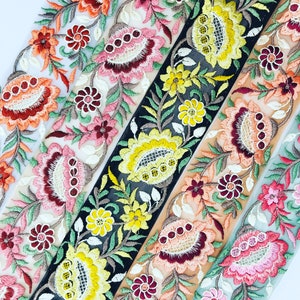 Net Fabric Sari Trim-Multi Colour Embroidered Saree Border for boho junk journals, Dupattas, Art Quilt Ribbon, Indian Fabric-Table Runner