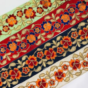 Beautiful Floral Embroidered Sari Fabric Trim-Silk Ribbon-Saree Border Indian Lace Trim, Embroidery, Sari Border Indian Trims, Table Runner