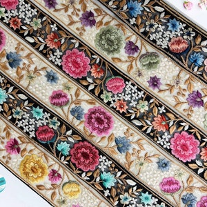 Borde de sari con bordado floral rosa, ribete de tela de red, borde de sari multicolor, borde de sari con cinta de seda, ribete de encaje indio, camino de mesa, Lehengas
