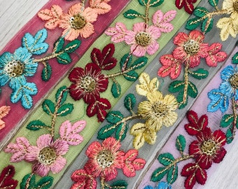Beautiful Floral Design Trims Sewing Crafting Border Beige Organza Fabric Embellishment Tape Indian Embroidered Saree Ribbon | FabStitchIN