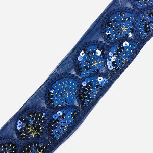 Blue Floral Embroidered Net Fabric Border, Ribbons, Laces, Trims from India for Sari, Cushions Cover, Lehenga , Skirts | FabStitchIN