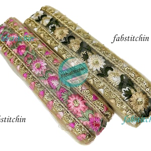Flower Embroidery Ribbon Net Fabric Saree Border Indian Lace Trim, Sari Fabric Trim-Table Runner-Art Quilt fabric trim Sari Border