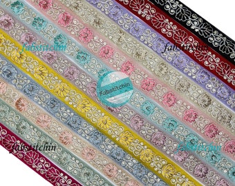 9 Yards Floral Embroidered Tulle Net Fabric Sari Fabric Trim, Saree Border-Fabric Lace for boho junk journals, jewelry making ,Hats, Belts