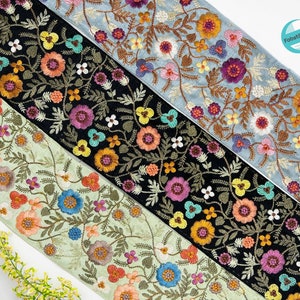 Multi Color Embroidered Sari Fabric Trim-Silk Ribbon-Saree Border Indian Lace Trim, Floral Embroidery,Sari Border Indian Trims, Table Runner