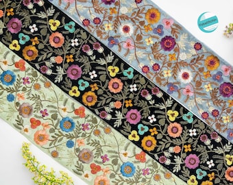 Multi Color Embroidered Sari Fabric Trim-Silk Ribbon-Saree Border Indian Lace Trim, Floral Embroidery,Sari Border Indian Trims, Table Runner