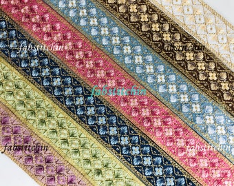 9 Yards Indian embroidered Ribbon Sari Fabric Lace Trim, Table Runner-Art Quilt fabric trim-Silk Sari Border Trim-Silk Fabric Trim