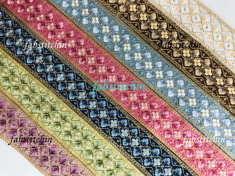 9 Yards Indian embroidered Ribbon Sari Fabric Lace Trim, Table Runner-Art Quilt fabric trim-Silk Sari Border Trim-Silk Fabric Trim zdjęcie 1