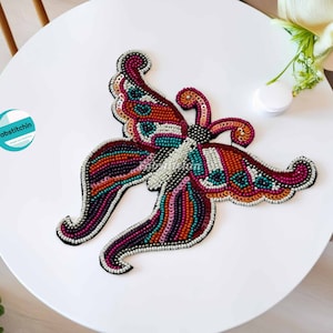 Multicolored Butterfly beaded embroidered patch Handmade Beaded applique Rainbow bird patch Costume Denim Patch Sew on Applique DIY Patch