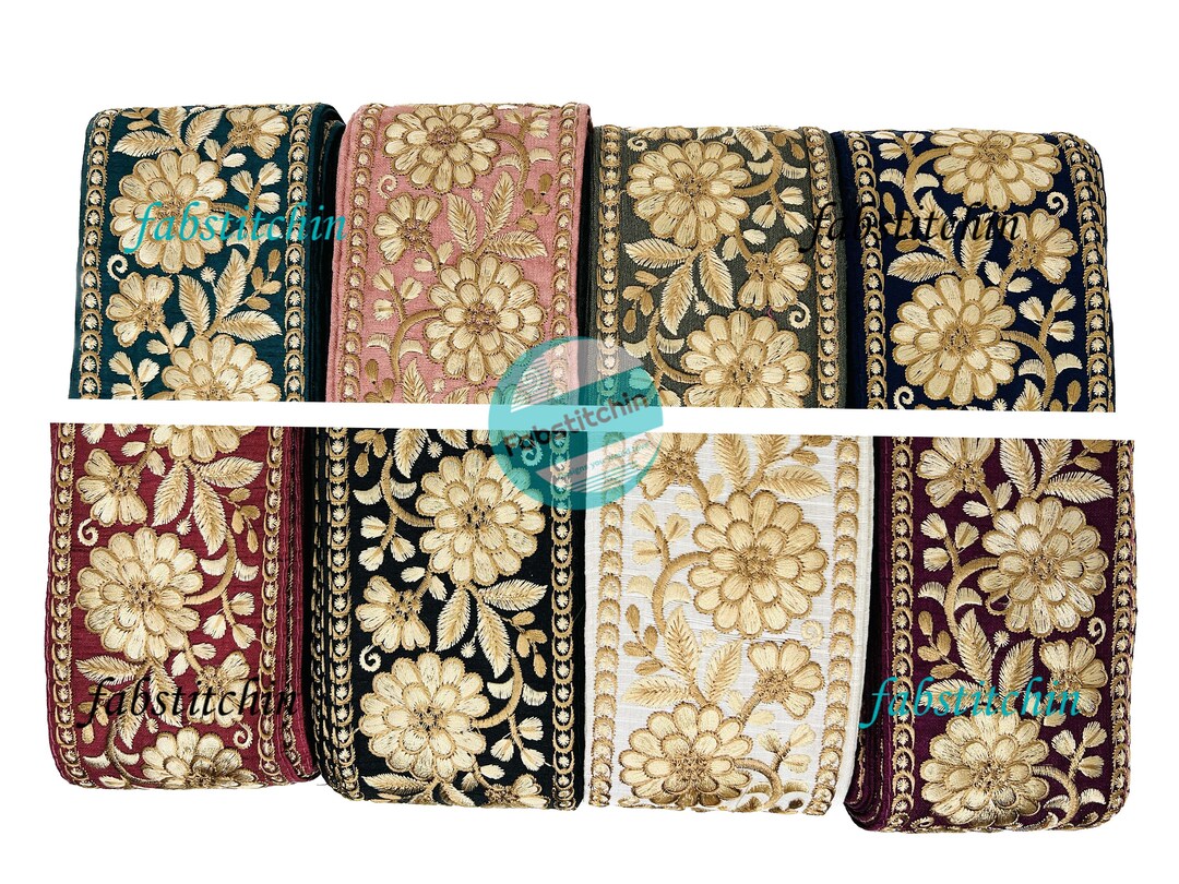 Indian Sari Fabric Trim, Brown Thread Embroidered Saree Border for Boho ...