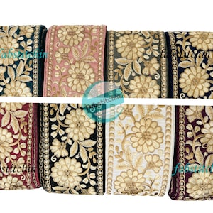 Indian Sari Fabric Trim, Brown Thread Embroidered Saree Border for boho junk journals, Table Runner, Textiles Fabrics