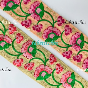 9 Yards Floral Embroidery Silk fabric Trim, Indian Decorative Pastal color Trim Lehenga-dupatta lace trim Sewing, Junk Journal, home decor