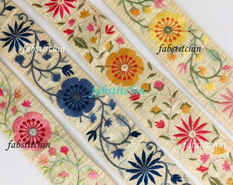 Beige Silk Fabric Trim-Multi Colour Embroidered Sari Border-Silk Sari Fabric-Dupatta, Quilt Silk Ribbon-Indian Fabric-Table Runner-Lehenga