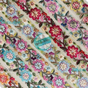 Flower Embroidery Ribbon Net Fabric Saree Border Indian Lace Trim, Sari Fabric Trim-Table Runner-Art Quilt fabric trim Sari Border