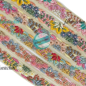 9 Yards Floral Trim-Multi Colour Embroidered Border-Silk Sari Fabric-Dupattas, Quilt Silk Ribbon Net Lace Fabric Lace-Floral Fabric SariTrim