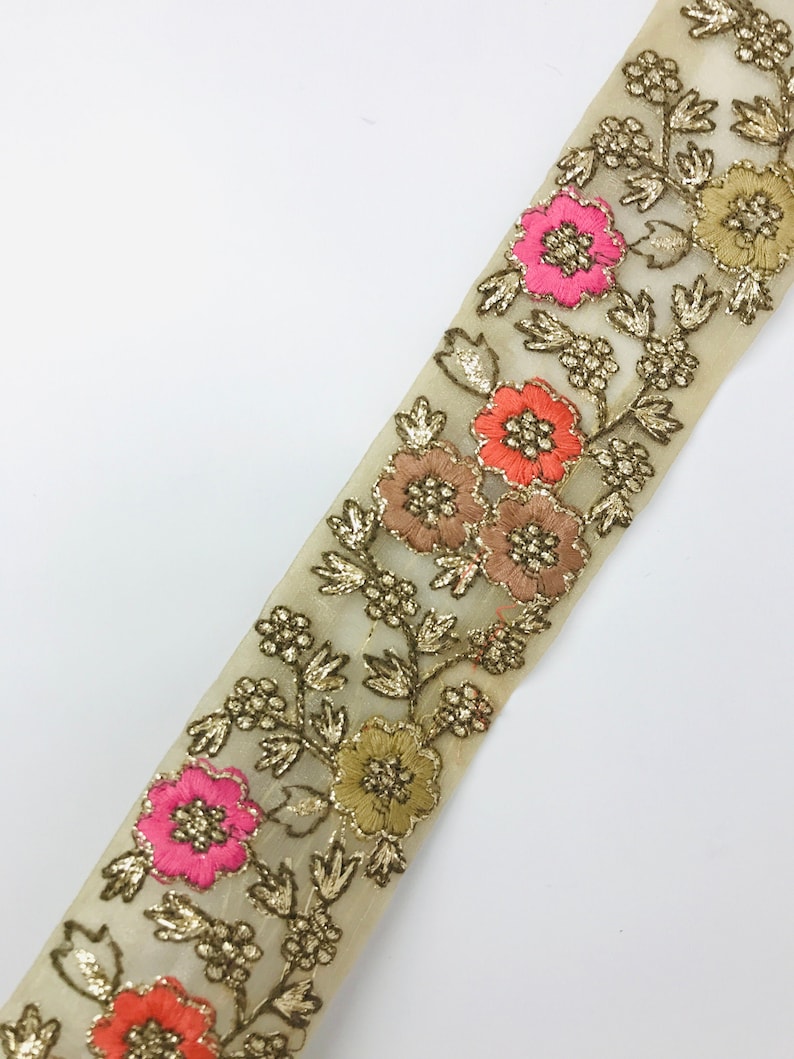 FabStitchIN Cushions Cover Golden Floral Embroidered Net Fabric Border Skirts Ribbons Trims from India for Sari Lehenga Laces