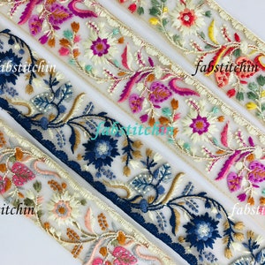 9 Yards Floral Decorative Net Fabric Trim Embellishment, Multicolour Embroidered Saree Border for boho junk journals, Quilts, Table Runner