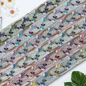 Multicolor Net Fabric Saree Border Indian Lace Trim By The Yard Sari Fabric Trim-Table Runner-Art Quilt fabric trim Sari Border Silk Fabric