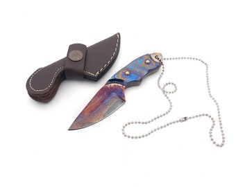 VG20 San Mai Damascus Knife • Mokuti Handle EDC Knife • Compact Fixed Blade Neck Knife
