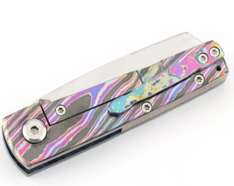 Timascus Folding Knife • Titanium Damascus Pocket Knife • D2 Steel Blade • Handmade Exotic EDC Collector Knife