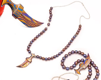 Timascus Beaded Necklace with Dagger Pendant • Titanium Damascus Statement Jewelry • Men’s Luxury EDC Necklace