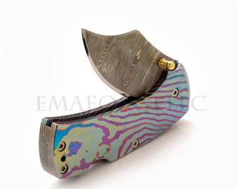 Timascus Folding Knife • Damascus Blade EDC • Custom Titanium Pocket Knife