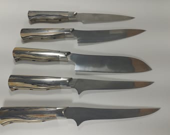 5 Piece Stainless Damascus Kitchen Knife Set • Professional Chef Knives, Leather Bag