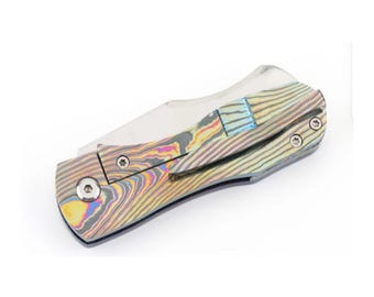 Limited Edition • Rainbow Black Timascus Folding Knife • Handmade EDC Pocket Knife • Titanium Damascus Custom Knife