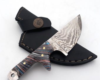 VG20 San Mai Damascus Neck Knife • Handmade EDC Fixed Blade • Fordite Handle Skinner