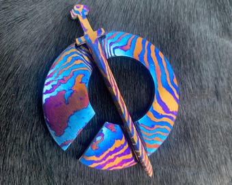 Timascus Wolf Head Brooch •  Handmade Titanium Viking Celtic Scarf Pin • Gift for Her