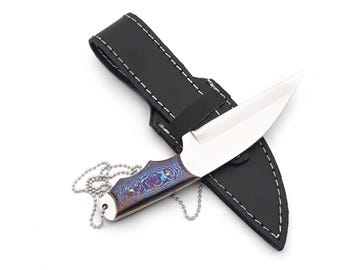 Timascus Titanium Damascus Neck Knife • D2 Fixed Blade • Handmade Compact EDC Knife