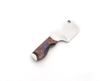 Titanium Damascus Cleaver Knife • D2 Steel Mini Fixed Blade • Compact EDC Pocket Cleaver