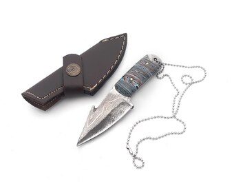 VG20 Damascus Neck Knife • Handmade Fixed Blade Skinner • Fordite Handle EDC Knife