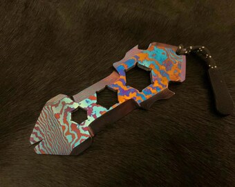 Timascus Pry Bar EDC Tool • Titanium Damascus Pocket Prybar • Bottle Opener Multitool • Handmade Exotic Collector EDC