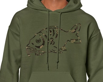 May include: A green hooded sweatshirt with a camouflage fish design on the front.