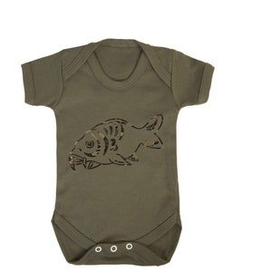 Large Camouflage Carp Fish   -  On Military Green Baby Bodysuit Vest..  ideal gift for any fishing enthusiasts, birth, baby shower, toddler